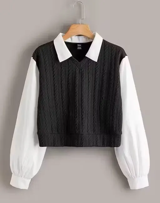 Pretty Partywear Korean Style T-shirt With Styles Designers Sleeve And Collar With Attractive Look For Women (M, Black)